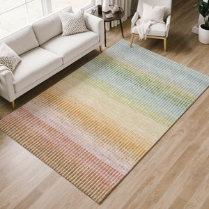 HomeRoots 8' Indoor Outdoor Area Rug - Stylish Salmon, Blue & Peach Striped Design, Washable & Durable for All Spaces 658894