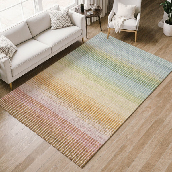 HomeRoots 8' Indoor Outdoor Area Rug - Stylish Salmon, Blue & Peach Striped Design, Washable & Durable for All Spaces 658894