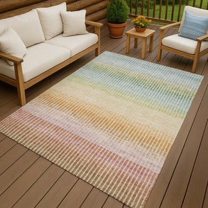 HomeRoots 9' X 12' Stylish Salmon Blue & Peach Striped Indoor/Outdoor Area Rug - Durable, Washable & Chic! 658895