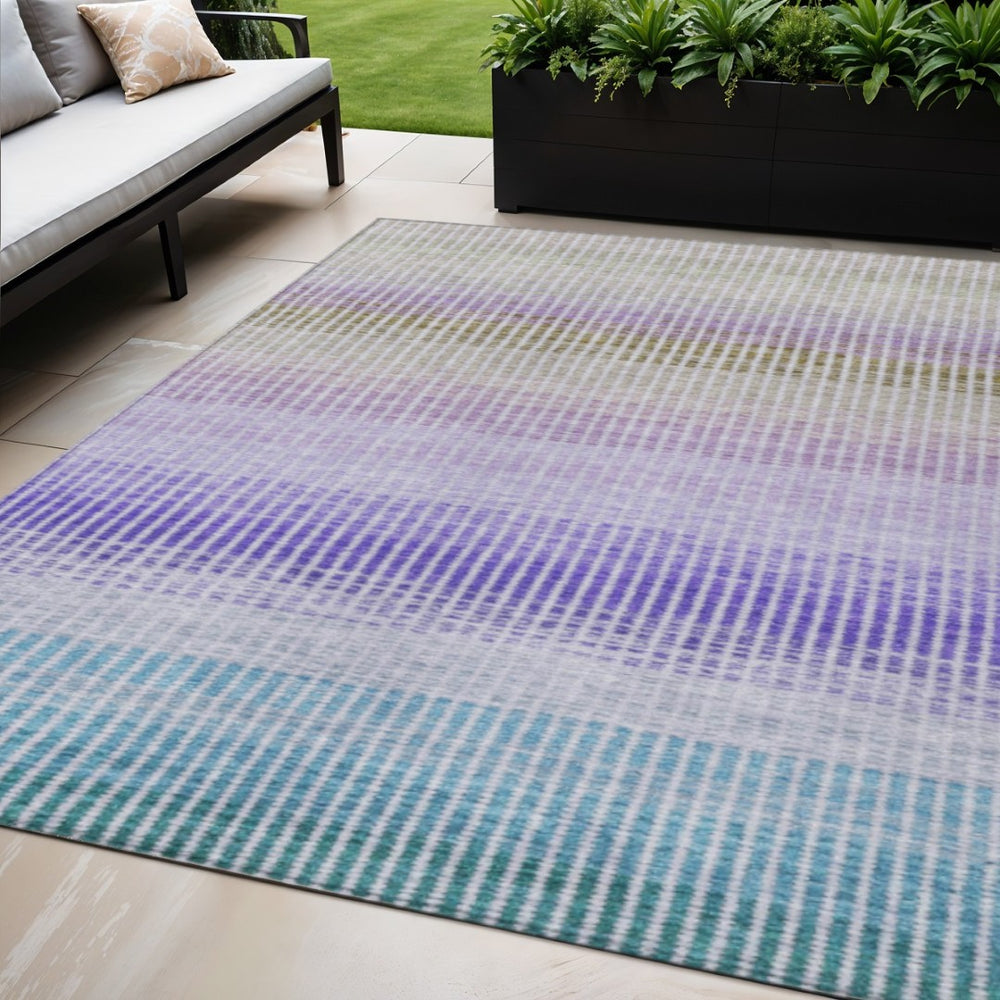 HomeRoots 5' Teal Blue Purple Gray Striped Rug - Durable, Washable Indoor/Outdoor Area Rug for Stylish Spaces 658898