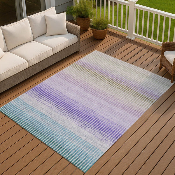 HomeRoots 5' Teal Blue Purple Gray Striped Rug - Durable, Washable Indoor/Outdoor Area Rug for Stylish Spaces 658898