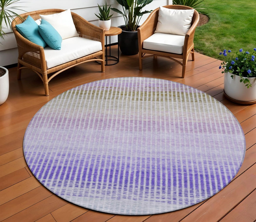 HomeRoots 8' Vibrant Teal Blue, Purple & Gray Round Striped Area Rug – Washable, Durable for Indoor & Outdoor Use 658899