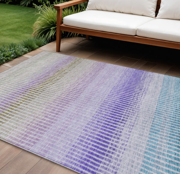 HomeRoots 8' X 10' Striped Teal Blue, Purple & Gray Washable Area Rug - Indoor/Outdoor, Stain-Resistant Design 658900