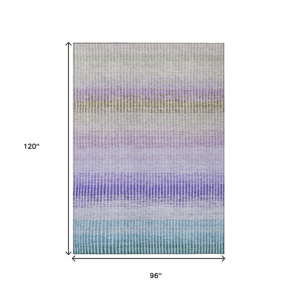 HomeRoots 8' X 10' Striped Teal Blue, Purple & Gray Washable Area Rug - Indoor/Outdoor, Stain-Resistant Design 658900