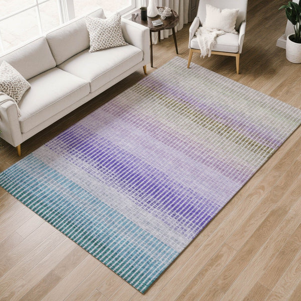 HomeRoots 8' X 10' Striped Teal Blue, Purple & Gray Washable Area Rug - Indoor/Outdoor, Stain-Resistant Design 658900