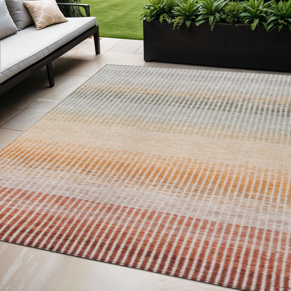 HomeRoots 5' X 8' Stylish Terra Cotta Orange & Gray Striped Washable Rug for Indoor & Outdoor Versatility 658904