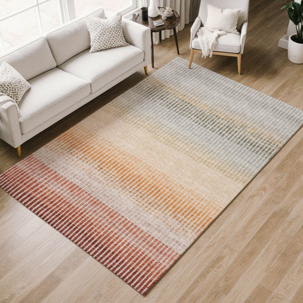 HomeRoots 5' X 8' Stylish Terra Cotta Orange & Gray Striped Washable Rug for Indoor & Outdoor Versatility 658904