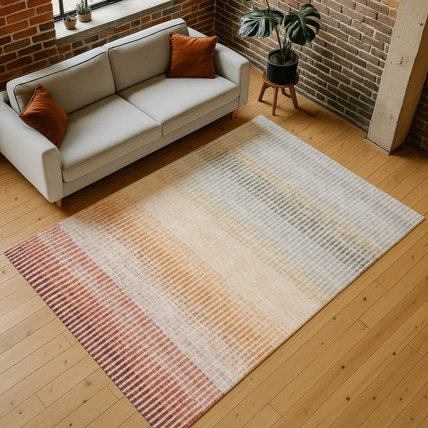 HomeRoots 9' X 12' Terra Cotta Orange & Gray Striped Washable Rug - Durable, Stylish for Indoor/Outdoor Use! 658907