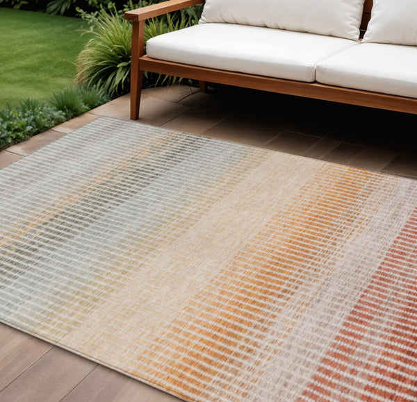 HomeRoots 10' Stylish Terra Cotta Orange & Gray Striped Washable Area Rug for Indoor/Outdoor Versatility 658908