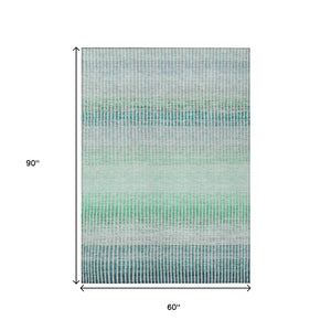 HomeRoots 5' Turquoise, Ivory & Gray Striped Washable Area Rug - Indoor/Outdoor Durable Design for Any Space 658910