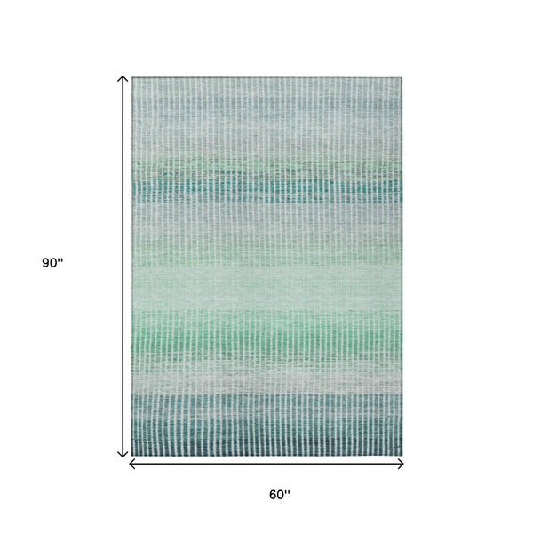 HomeRoots 5' Turquoise, Ivory & Gray Striped Washable Area Rug - Indoor/Outdoor Durable Design for Any Space 658910
