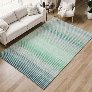 HomeRoots 8' X 10' Stylish Turquoise Ivory Gray Striped Washable Area Rug for Indoor & Outdoor Spaces 658912