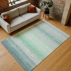 HomeRoots 8' X 10' Stylish Turquoise Ivory Gray Striped Washable Area Rug for Indoor & Outdoor Spaces 658912