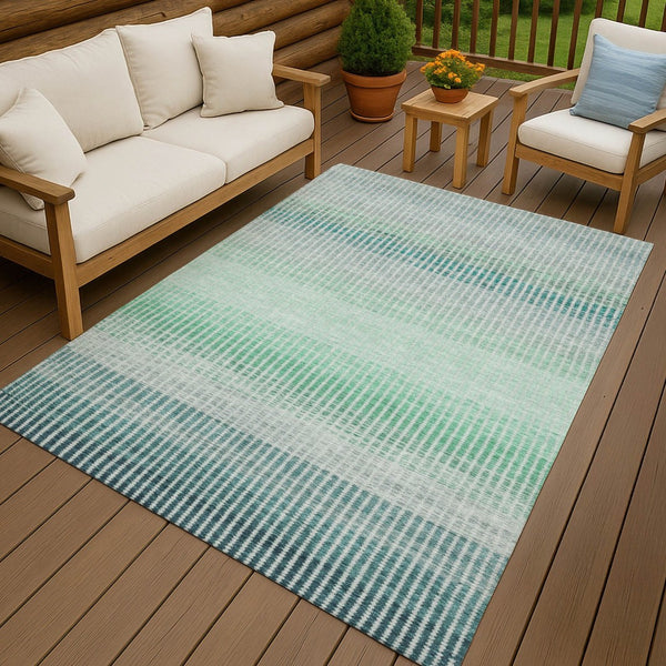 HomeRoots 8' X 10' Stylish Turquoise Ivory Gray Striped Washable Area Rug for Indoor & Outdoor Spaces 658912