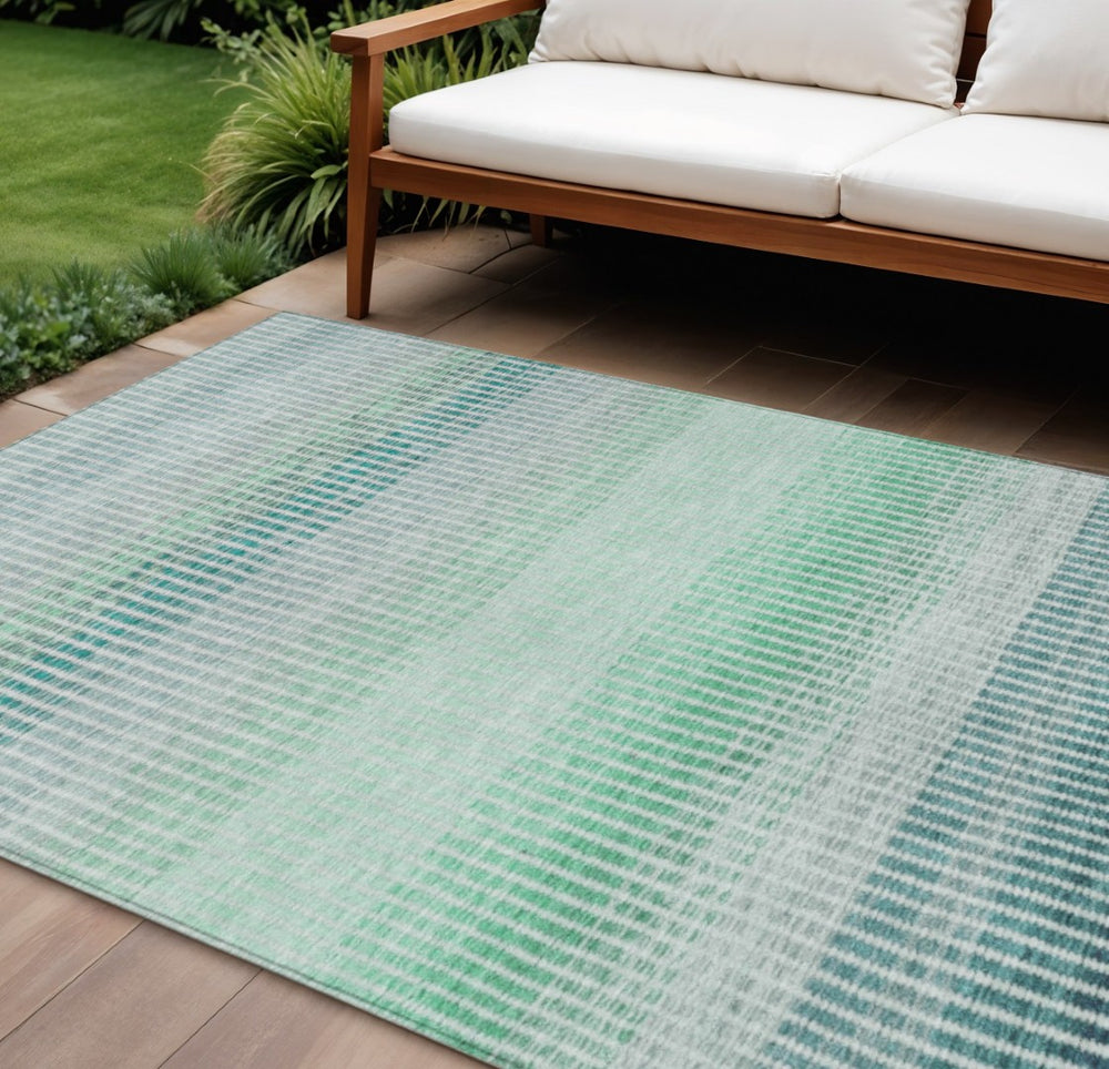 HomeRoots 9' X 12' Striped Turquoise, Ivory, and Gray Area Rug - Durable, Washable for Indoor/Outdoor Use! 658913
