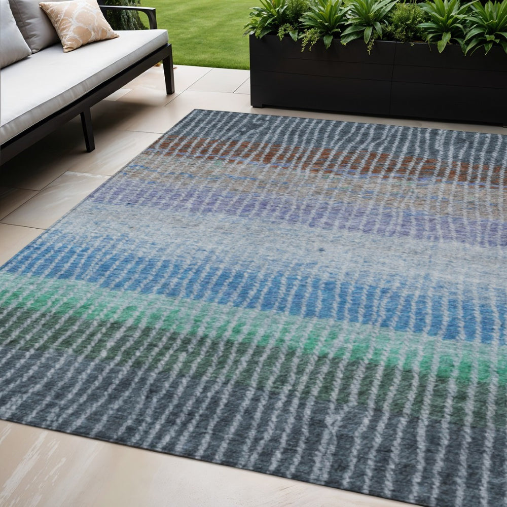 HomeRoots 5' Blue, Brown & Green Striped Washable Area Rug - Durable Indoor/Outdoor Design for High Traffic Use 658916