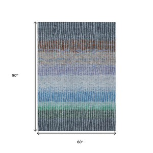HomeRoots 5' Blue, Brown & Green Striped Washable Area Rug - Durable Indoor/Outdoor Design for High Traffic Use 658916