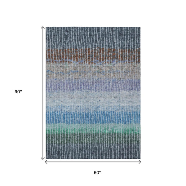 HomeRoots 5' Blue, Brown & Green Striped Washable Area Rug - Durable Indoor/Outdoor Design for High Traffic Use 658916