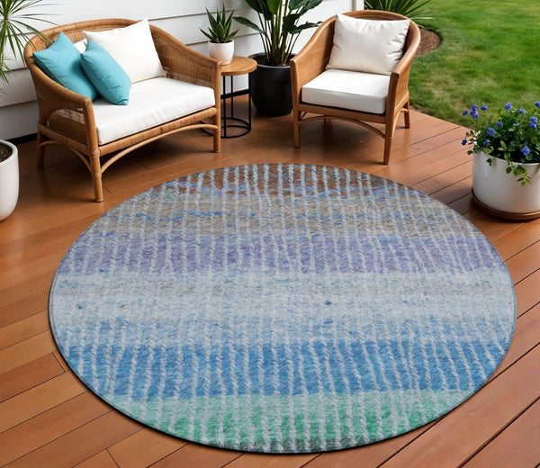 HomeRoots 8' Striped Washable Area Rug - Durable Blue, Brown, Green Round Design for Indoor & Outdoor Use 658917