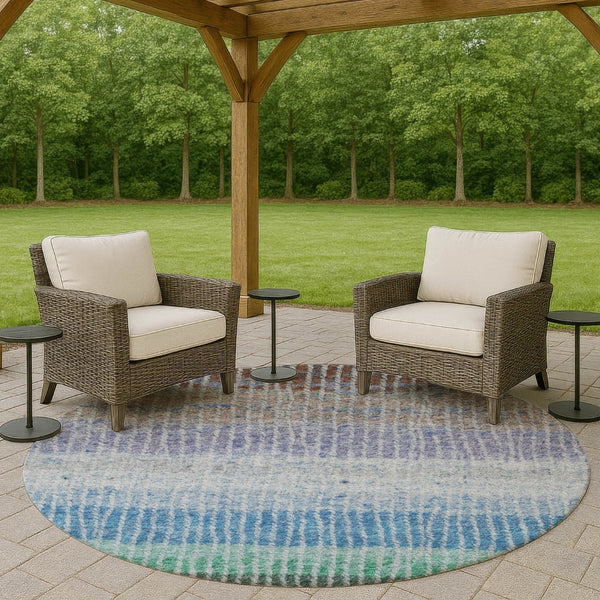 HomeRoots 8' Striped Washable Area Rug - Durable Blue, Brown, Green Round Design for Indoor & Outdoor Use 658917