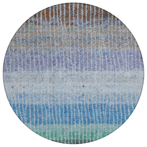 HomeRoots 8' Striped Washable Area Rug - Durable Blue, Brown, Green Round Design for Indoor & Outdoor Use 658917