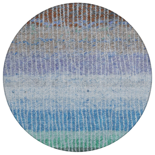 HomeRoots 8' Striped Washable Area Rug - Durable Blue, Brown, Green Round Design for Indoor & Outdoor Use 658917