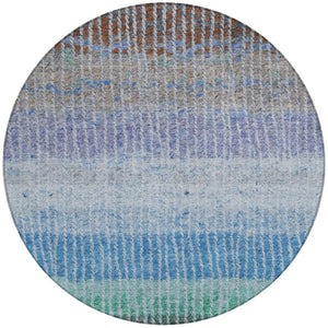 HomeRoots 8' Striped Washable Area Rug - Durable Blue, Brown, Green Round Design for Indoor & Outdoor Use 658917