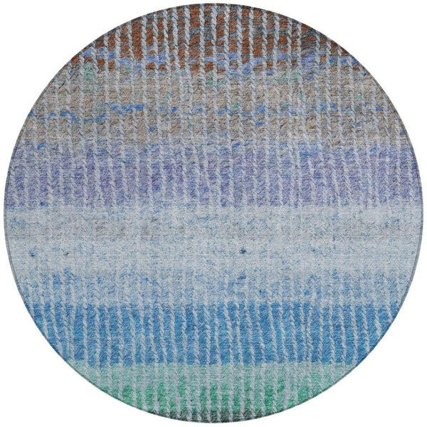 HomeRoots 8' Striped Washable Area Rug - Durable Blue, Brown, Green Round Design for Indoor & Outdoor Use 658917