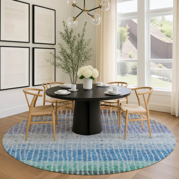 HomeRoots 8' Striped Washable Area Rug - Durable Blue, Brown, Green Round Design for Indoor & Outdoor Use 658917