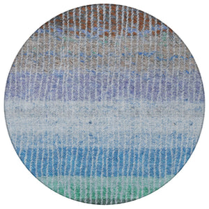 HomeRoots 8' Striped Washable Area Rug - Durable Blue, Brown, Green Round Design for Indoor & Outdoor Use 658917