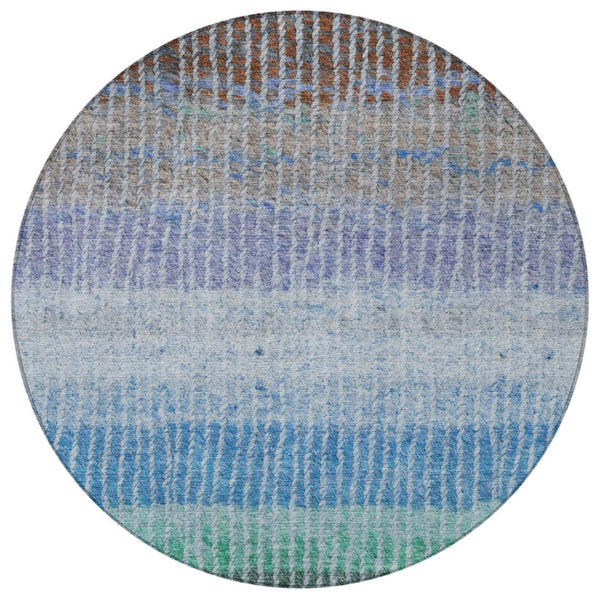HomeRoots 8' Striped Washable Area Rug - Durable Blue, Brown, Green Round Design for Indoor & Outdoor Use 658917