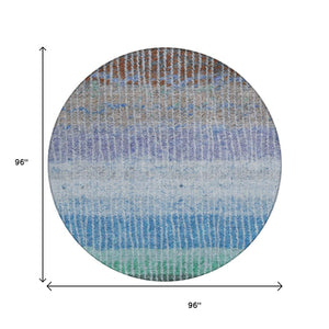 HomeRoots 8' Striped Washable Area Rug - Durable Blue, Brown, Green Round Design for Indoor & Outdoor Use 658917