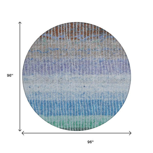 HomeRoots 8' Striped Washable Area Rug - Durable Blue, Brown, Green Round Design for Indoor & Outdoor Use 658917