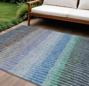 HomeRoots 8' X 10' Striped Washable Area Rug - Durable Blue, Brown & Green Design for Indoor/Outdoor Use 658918