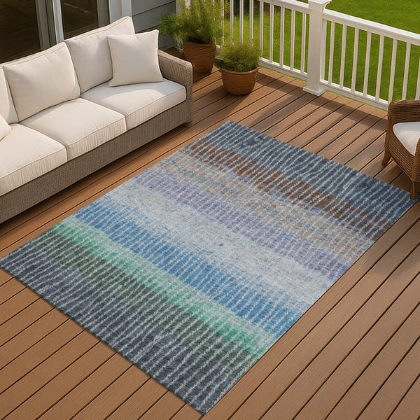 HomeRoots 8' X 10' Striped Washable Area Rug - Durable Blue, Brown & Green Design for Indoor/Outdoor Use 658918