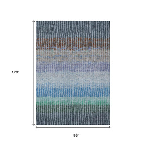 HomeRoots 8' X 10' Striped Washable Area Rug - Durable Blue, Brown & Green Design for Indoor/Outdoor Use 658918