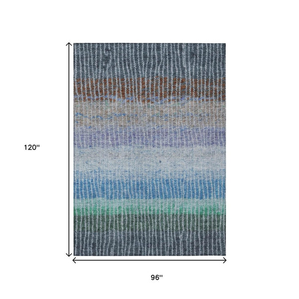 HomeRoots 8' X 10' Striped Washable Area Rug - Durable Blue, Brown & Green Design for Indoor/Outdoor Use 658918