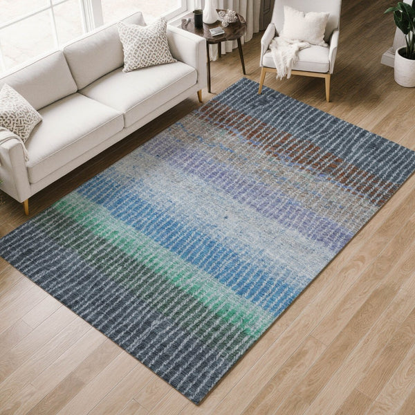 HomeRoots 8' X 10' Striped Washable Area Rug - Durable Blue, Brown & Green Design for Indoor/Outdoor Use 658918