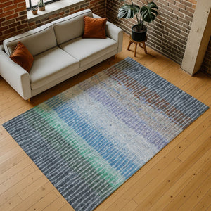 HomeRoots 8' X 10' Striped Washable Area Rug - Durable Blue, Brown & Green Design for Indoor/Outdoor Use 658918