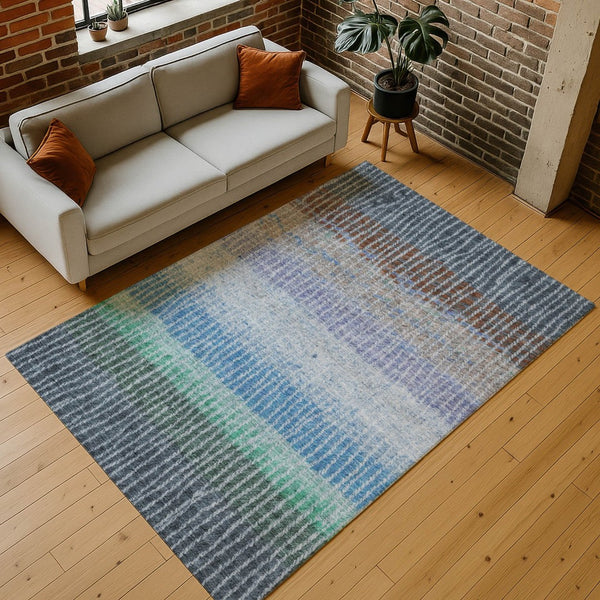 HomeRoots 8' X 10' Striped Washable Area Rug - Durable Blue, Brown & Green Design for Indoor/Outdoor Use 658918