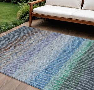 HomeRoots 9' X 12' Striped Washable Area Rug - Durable Polyester in Blue, Brown & Green for Indoor/Outdoor Use 658919