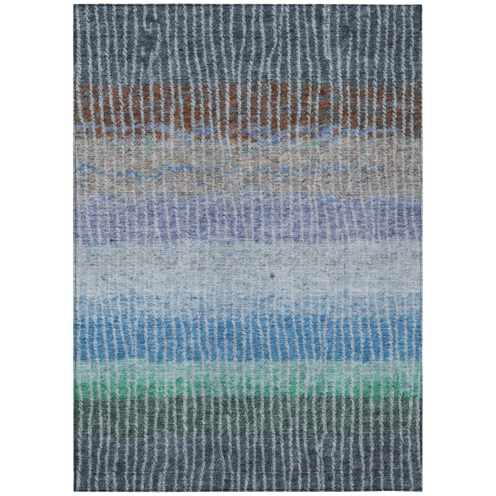 HomeRoots 9' X 12' Striped Washable Area Rug - Durable Polyester in Blue, Brown & Green for Indoor/Outdoor Use 658919