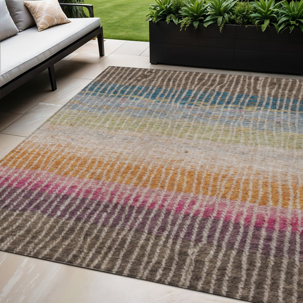 HomeRoots 5' Vibrant Chocolate Orange Pink Striped Washable Area Rug for Indoor Outdoor Spaces - Durable & Stylish! 658922