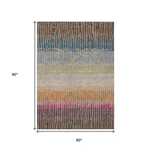 HomeRoots 5' Vibrant Chocolate Orange Pink Striped Washable Area Rug for Indoor Outdoor Spaces - Durable & Stylish! 658922