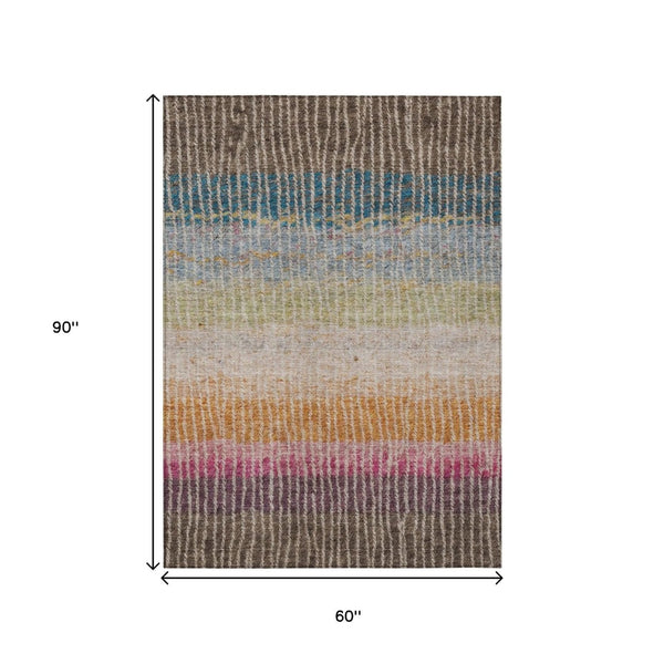 HomeRoots 5' Vibrant Chocolate Orange Pink Striped Washable Area Rug for Indoor Outdoor Spaces - Durable & Stylish! 658922