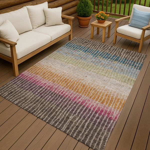 HomeRoots 5' Vibrant Chocolate Orange Pink Striped Washable Area Rug for Indoor Outdoor Spaces - Durable & Stylish! 658922