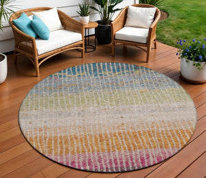HomeRoots 8' Round Striped Area Rug - Chocolate, Orange & Pink - Washable, Durable for Indoor/Outdoor Use 658923