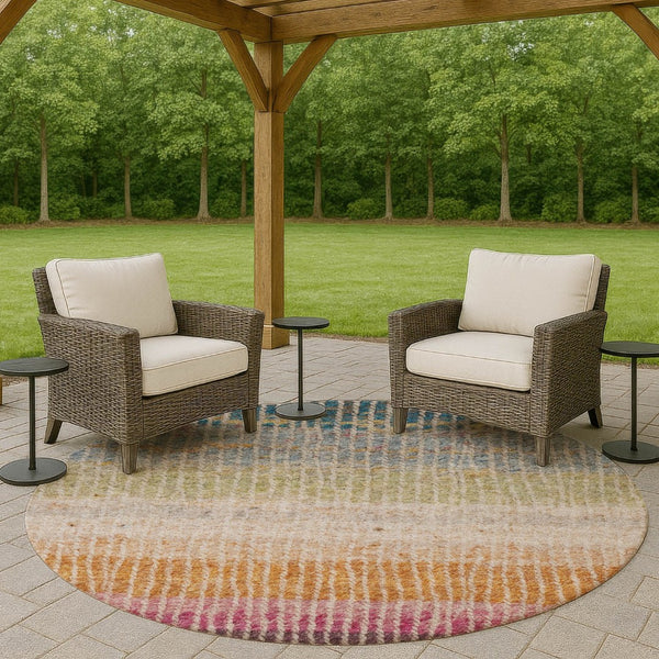 HomeRoots 8' Round Striped Area Rug - Chocolate, Orange & Pink - Washable, Durable for Indoor/Outdoor Use 658923