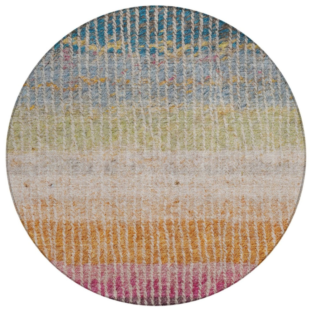 HomeRoots 8' Round Striped Area Rug - Chocolate, Orange & Pink - Washable, Durable for Indoor/Outdoor Use 658923