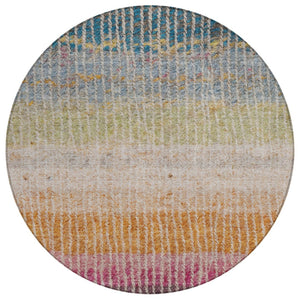 HomeRoots 8' Round Striped Area Rug - Chocolate, Orange & Pink - Washable, Durable for Indoor/Outdoor Use 658923